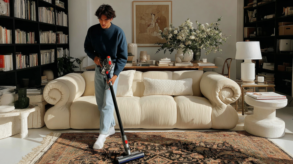 renter vacuuming their living room with a dyson